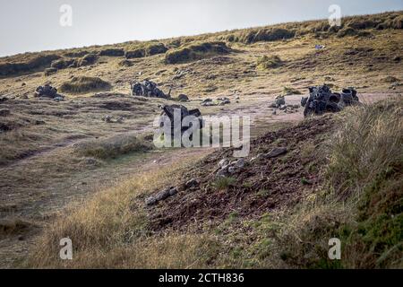 B-29 `Over Exposed` crash site, Glossop, England. The wreckage of the B-29 Superfortress stands as a memorial on the moors above Glossop, in the Peak Stock Photo